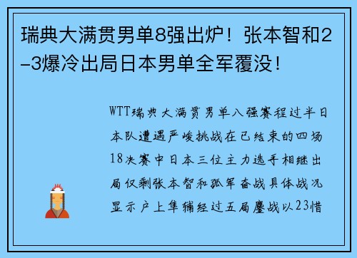 瑞典大满贯男单8强出炉！张本智和2-3爆冷出局日本男单全军覆没！​